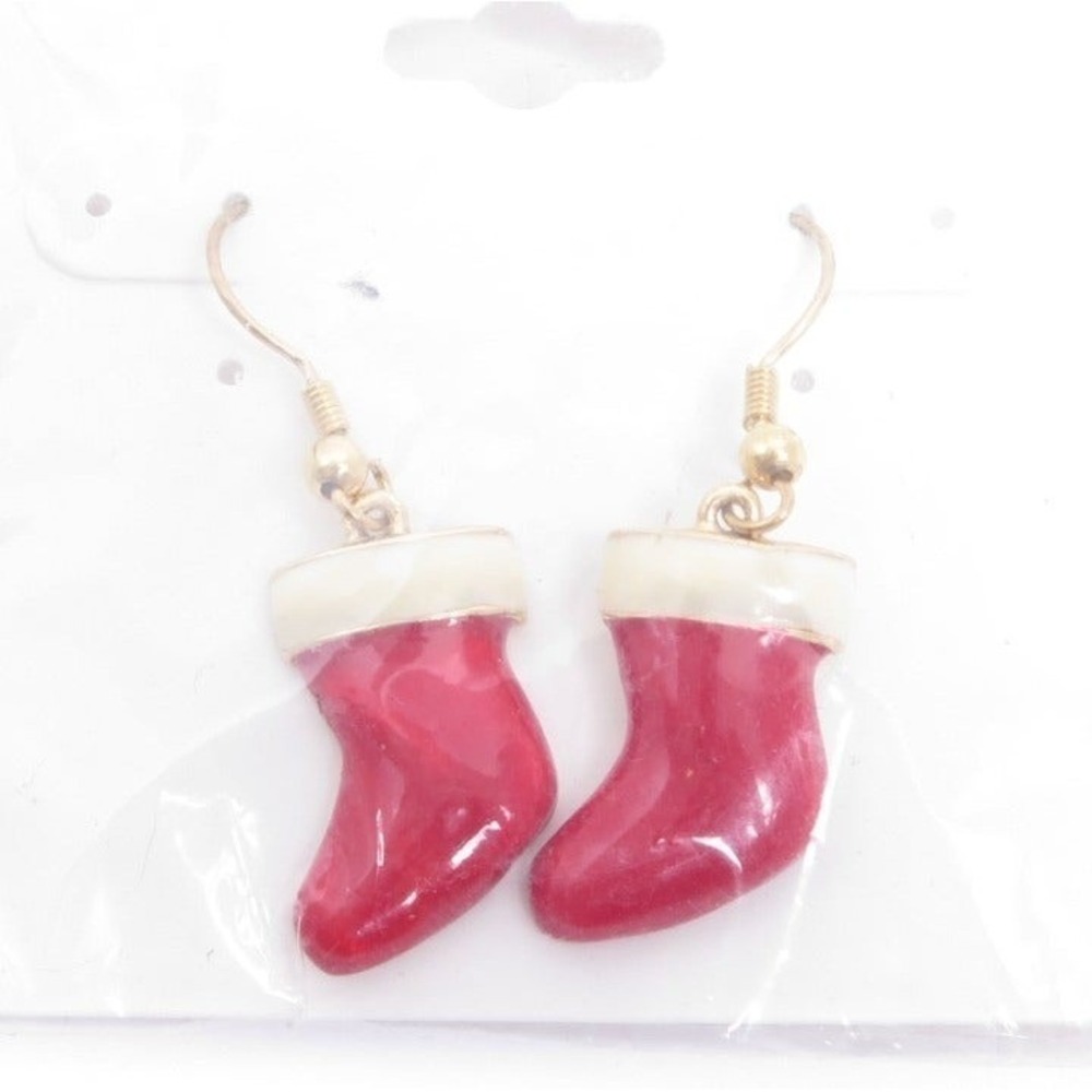 Red‎ White Enamel Christmas Stockings Charm Drop Earrings